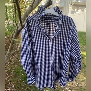 Chaps Ruffled Navy White Check Button Down Shirt